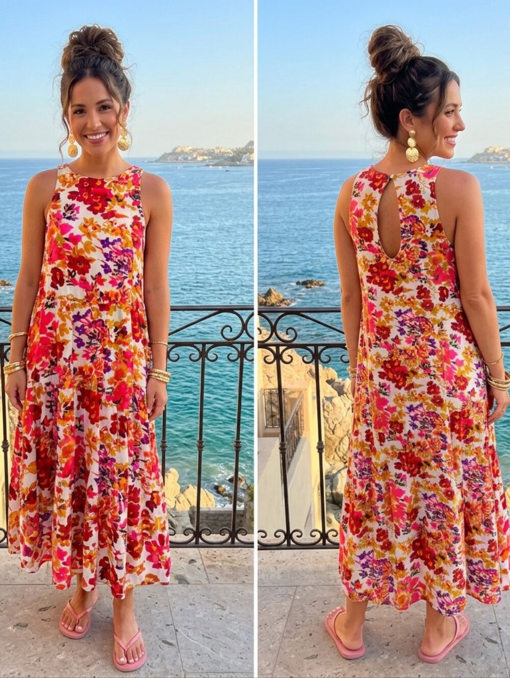 Natural Life Size M "Katie" Floral Maxi Dress Sleeveless Bright Colorful Boho